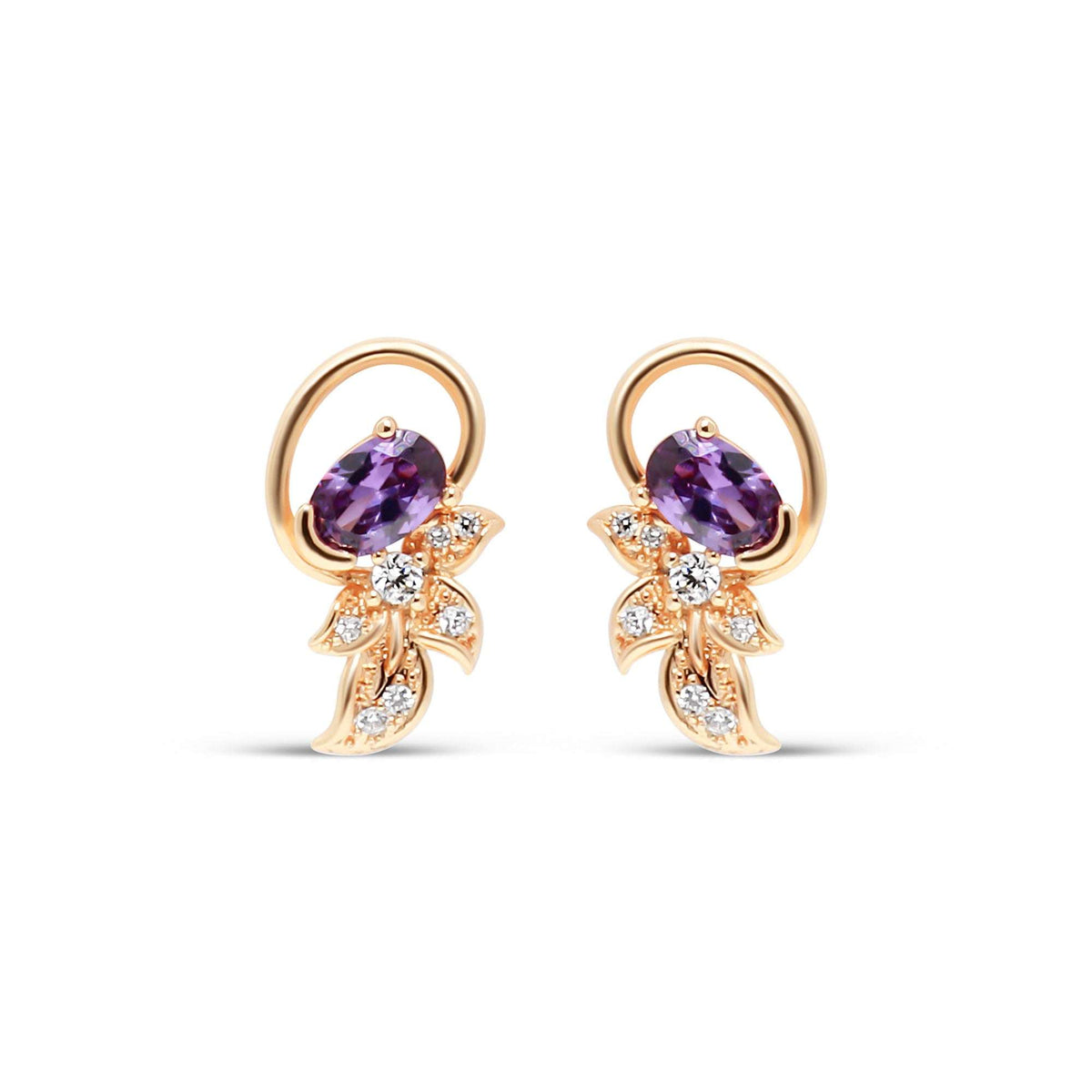 Gold-plated stud earrings with an oval violet stone and white cubic zirconia leaves