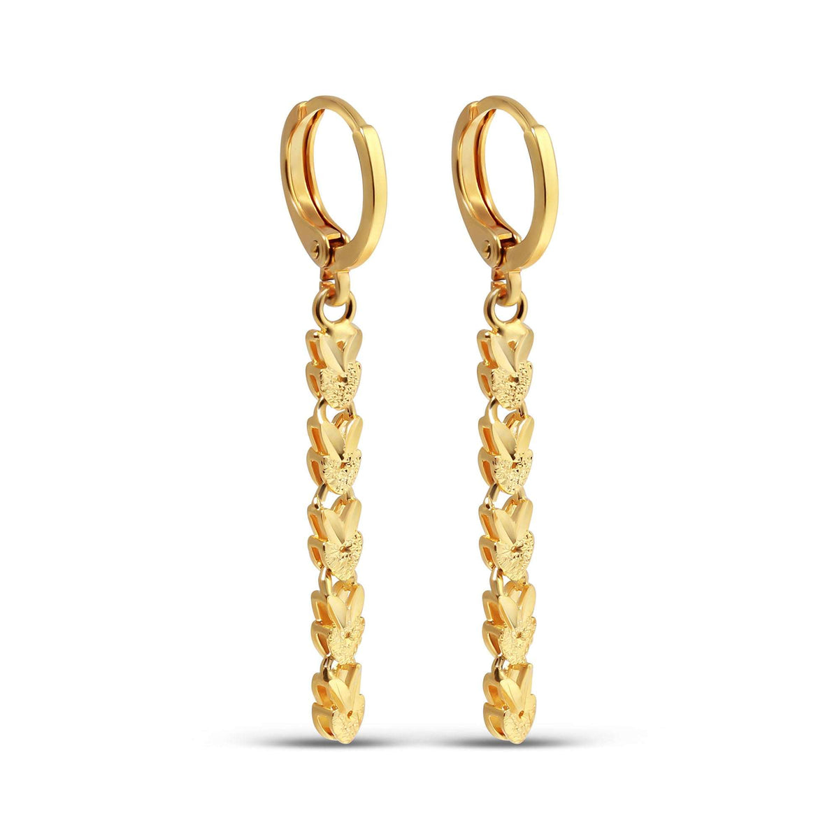 Long earrings with a heart link chain and French hooks on white