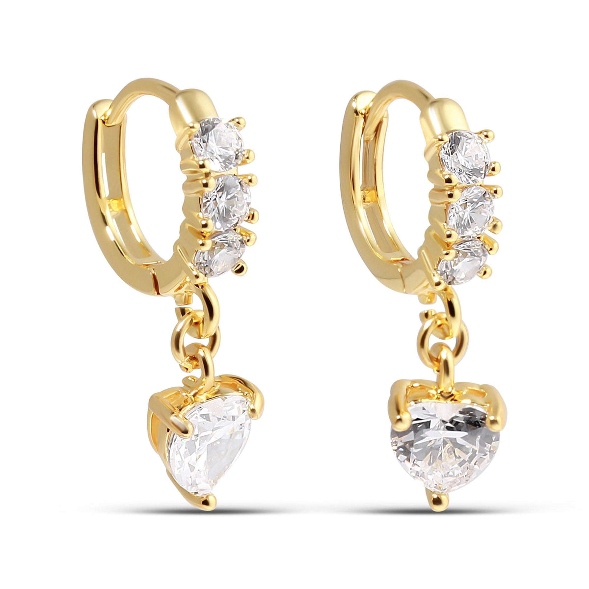 Gold-plated hoop earrings with a zirconia row and a heart crystal charm