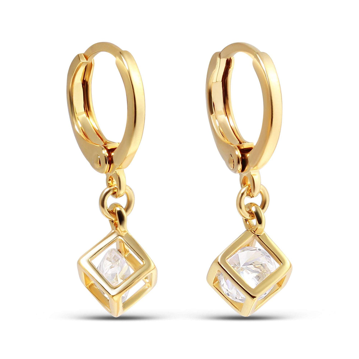Gold-plated earrings with an open cube charm and a clear sparkling crystal