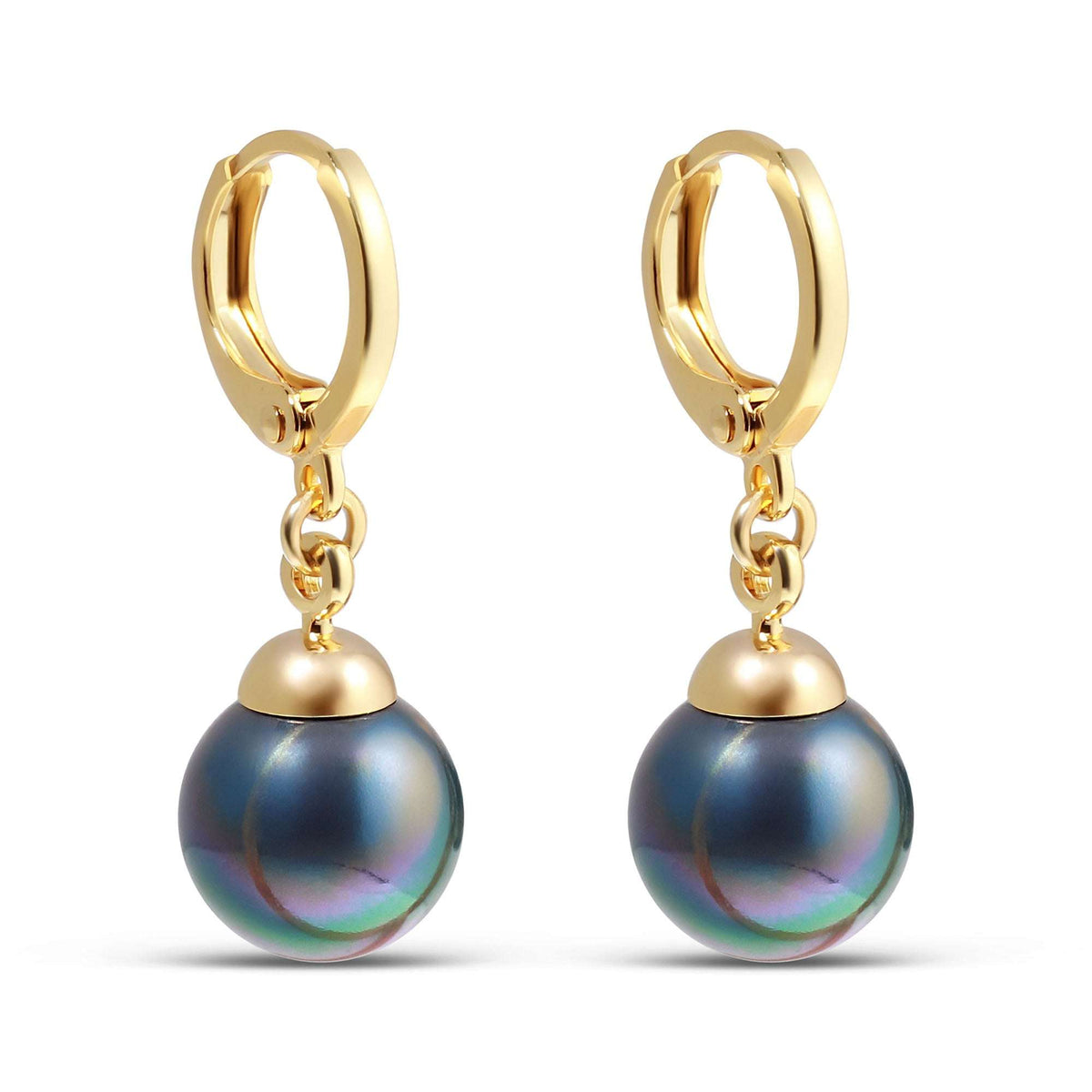 Gold-plated small hoops with dark faux pearls and a rainbow sheen on white