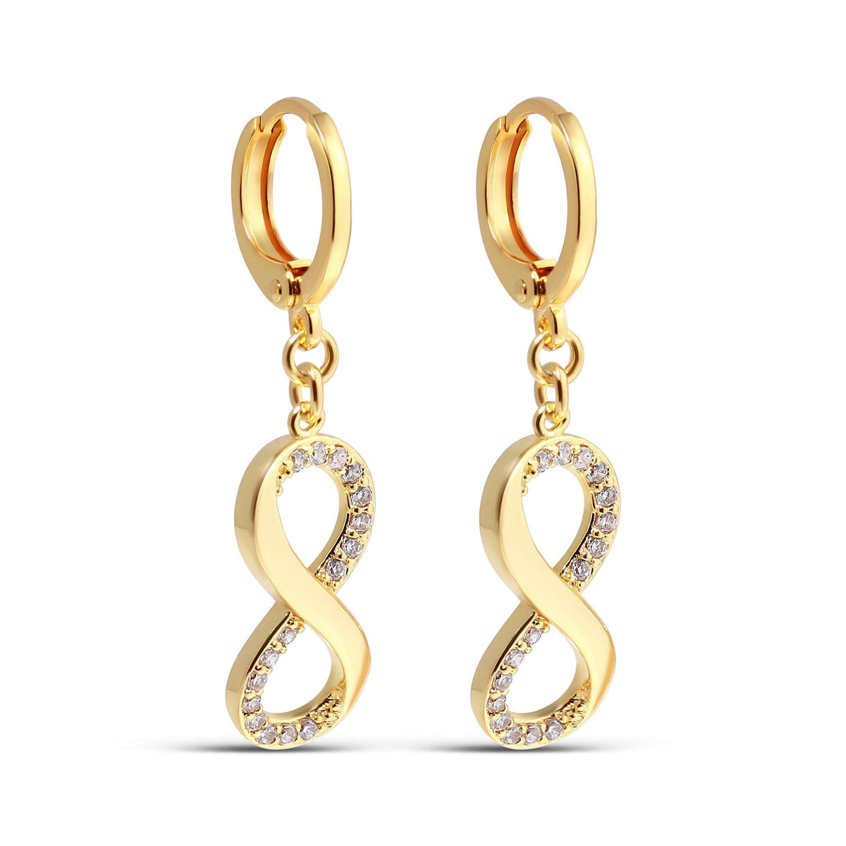 Drop earrings with an infinity sign set with clear cubic zirconia