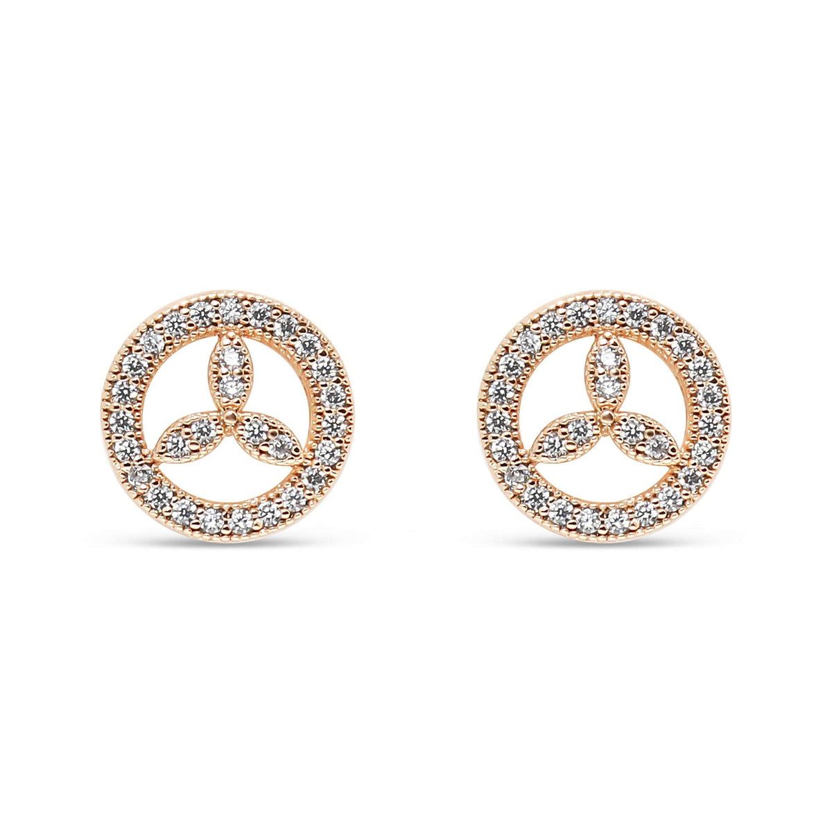 Round gold-plated stud earrings with a cubic zirconia border and trefoil centre