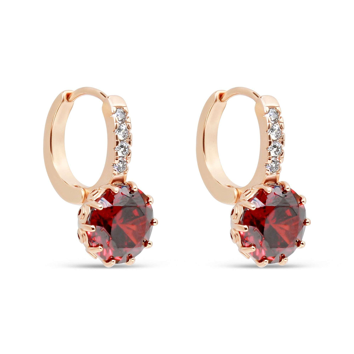 Gold-plated hoops with clear cubic zirconia and a round red prong-set stone