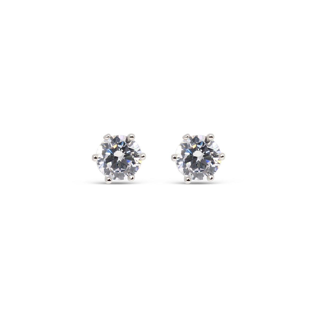 Classic studs with a round clear cubic zirconia in a six-prong setting, silvery white