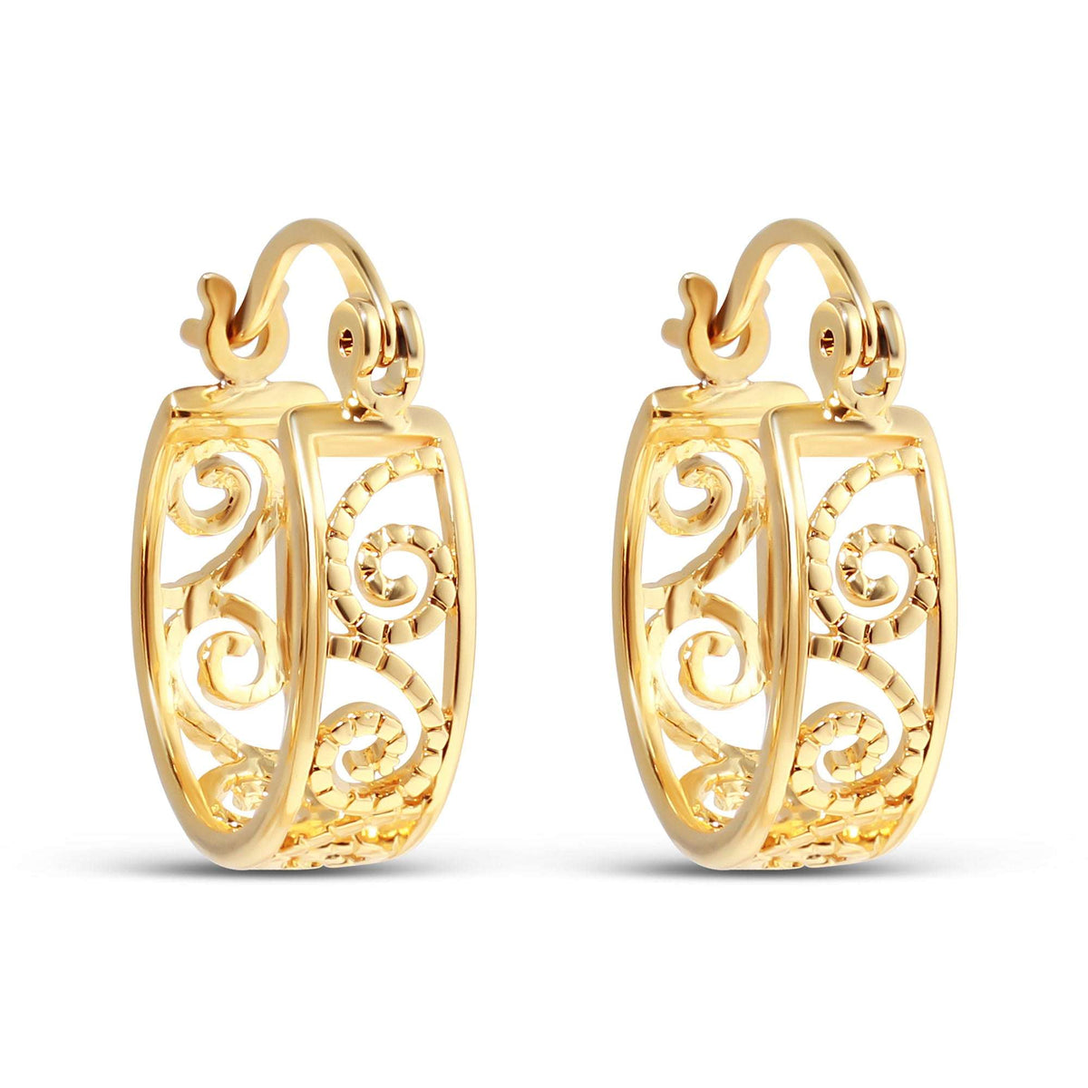 Round gold-plated openwork earrings with spiral scrolls