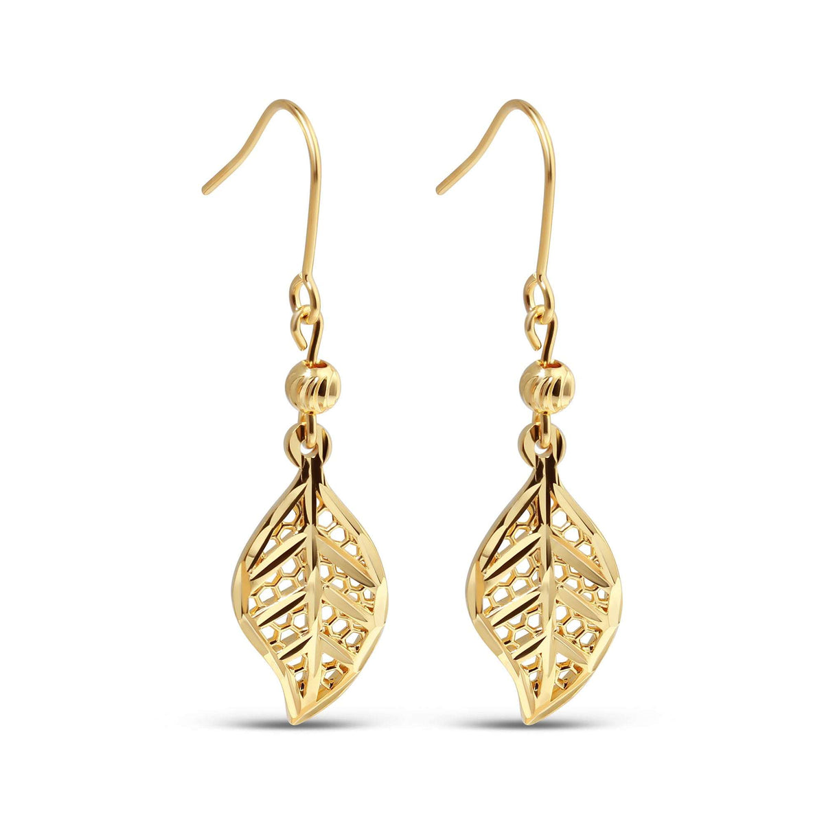 Long gold-plated earrings with an openwork leaf pattern and fish hooks