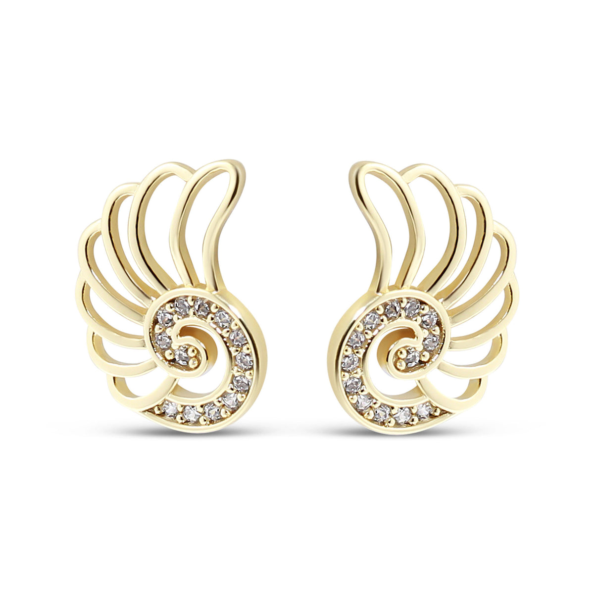Wing-shaped stud earrings with a spiral of white cubic zirconia