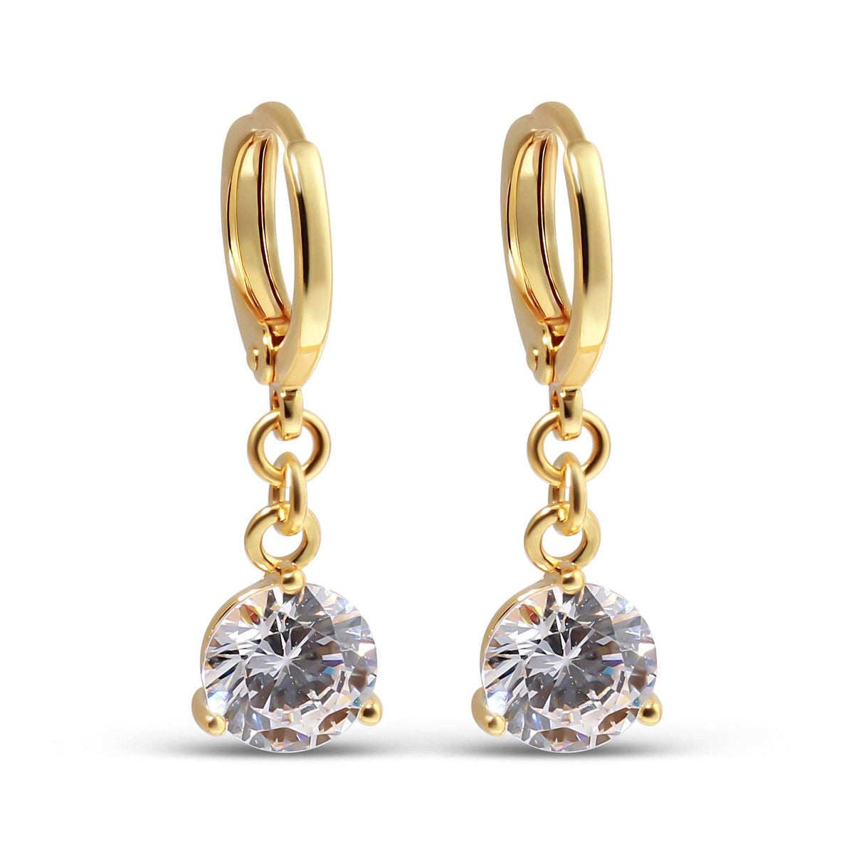 Gold-plated earrings with a large round white cubic zirconia and French hooks
