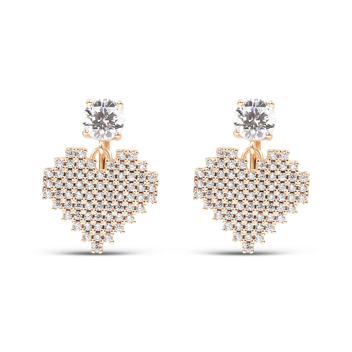 Gold-plated earrings with a mosaic heart of tiny cubic zirconia