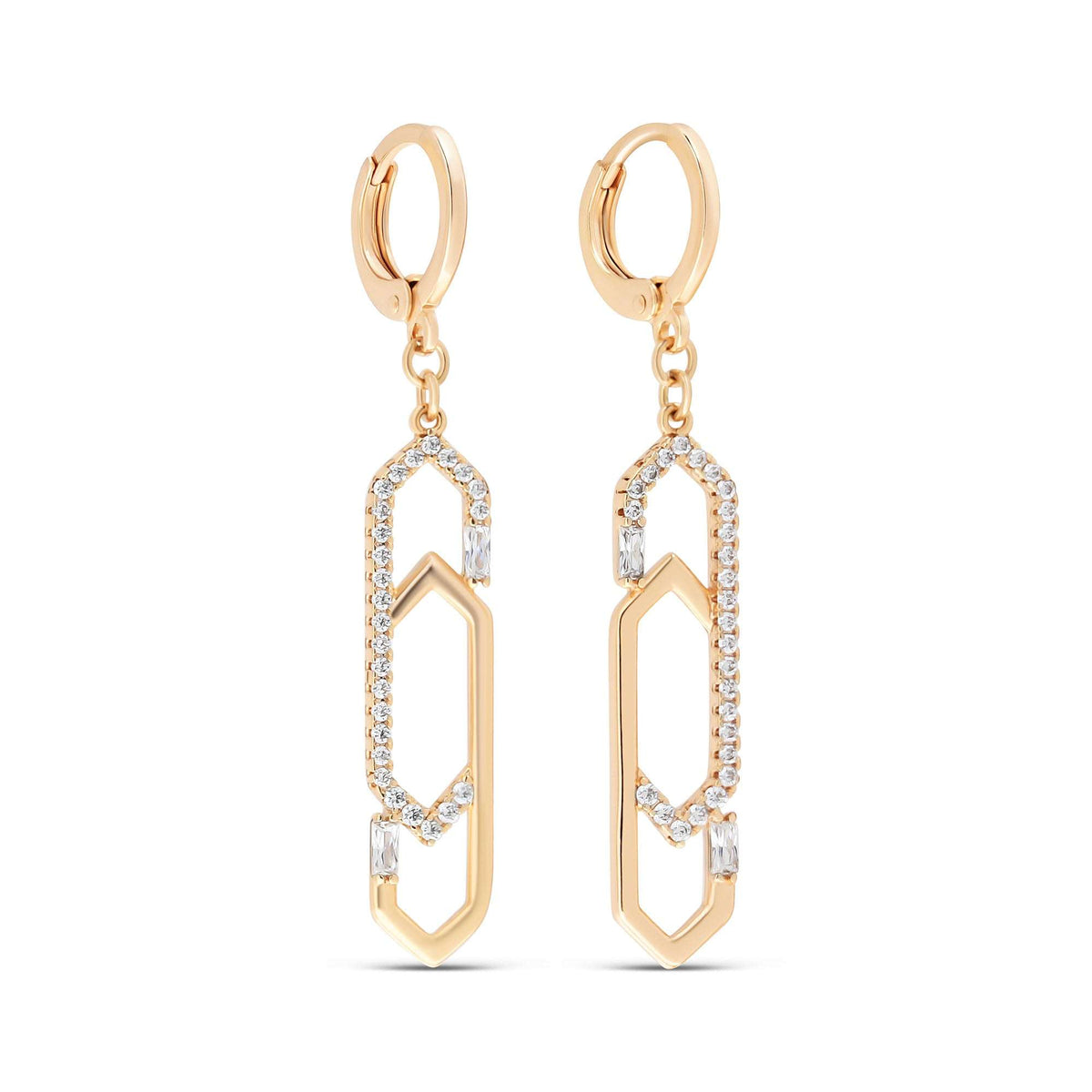 Long gold-plated earrings with elongated hexagon links and rows of clear cubic zirconia