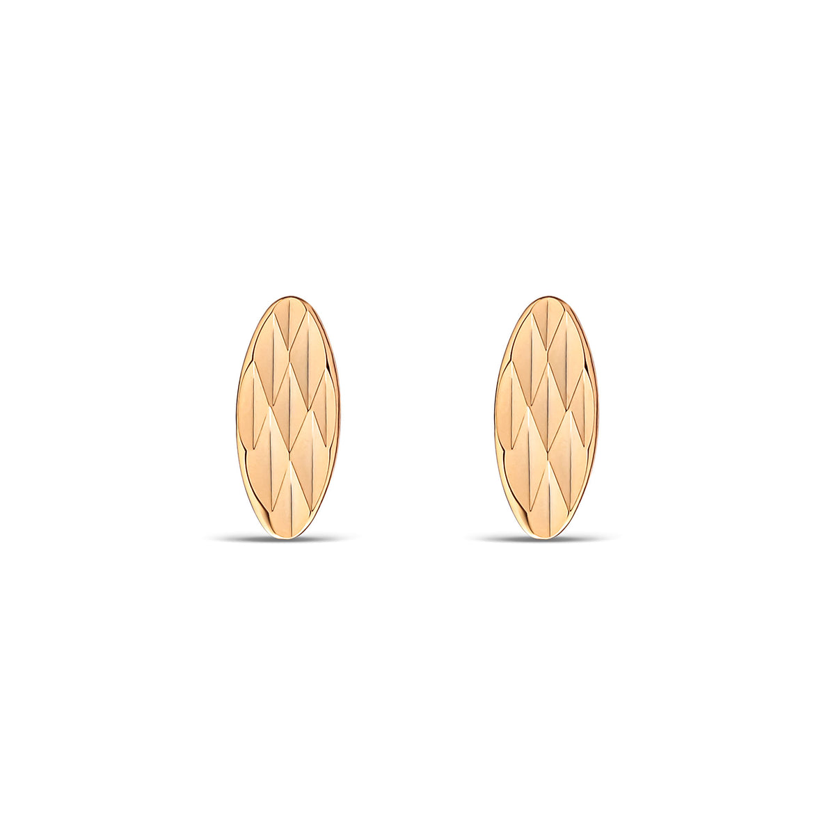 Gold-plated oval stud earrings with a rhombus relief pattern on white