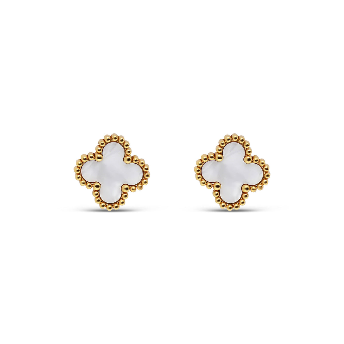 Pair of white enamel four-leaf clover studs with a gold-tone beaded border