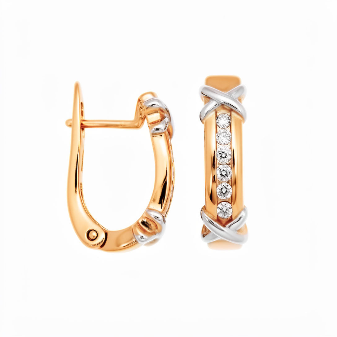 Earrings with a row of cubic zirconia, silver-tone crosses and leverback clasps