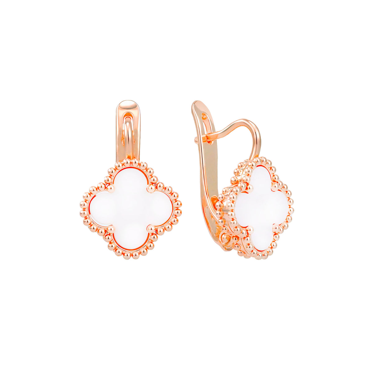 Gold-tone clover earrings with white inlay and beaded edge