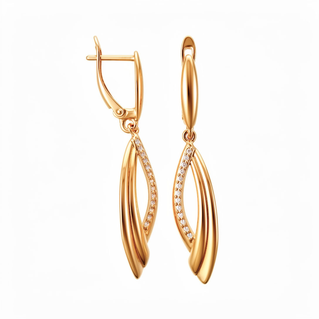 Elongated earrings with two intertwined gold-plated strands and a row of white cubic zirconia