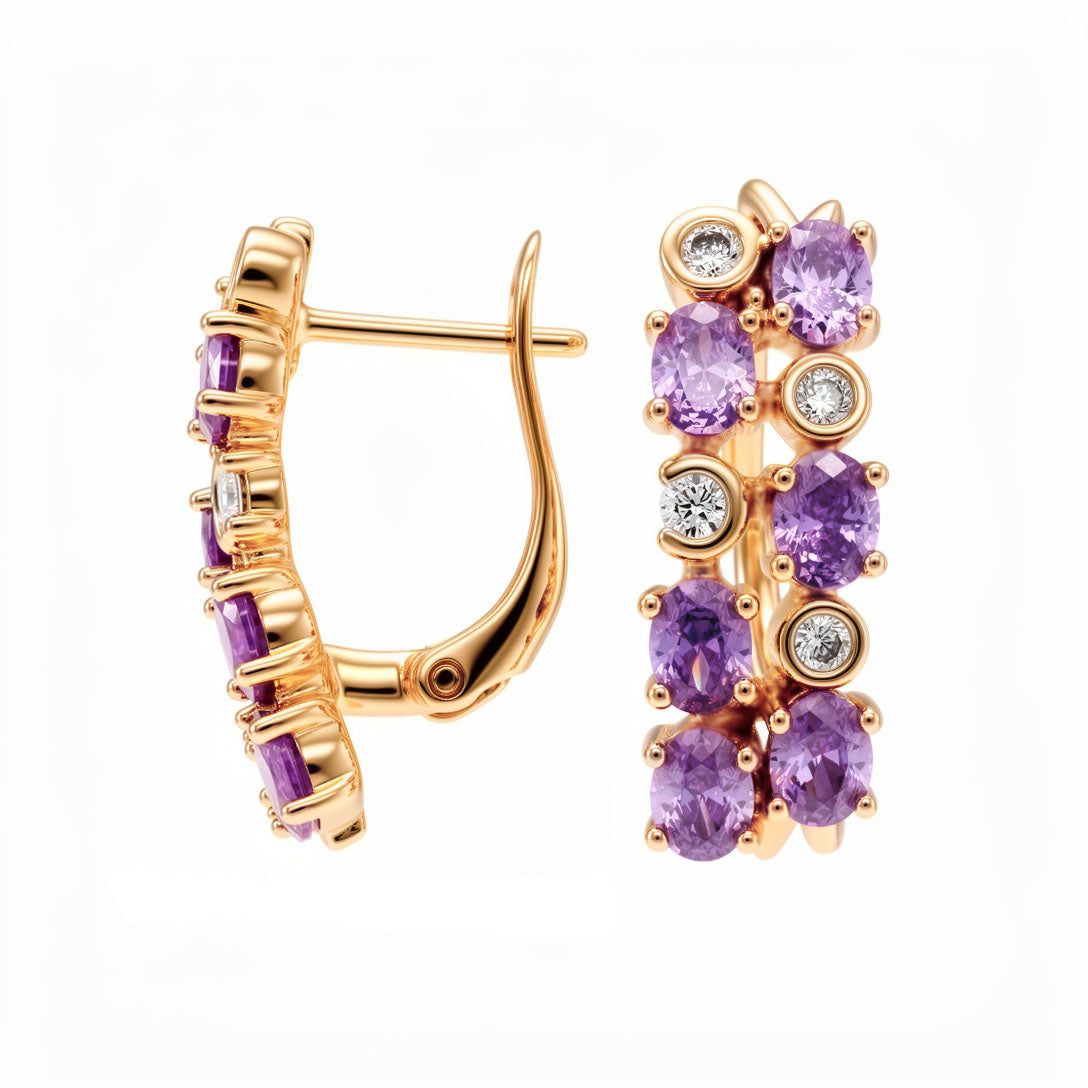 Gold-plated earrings with oval lilac cubic zirconia and two rows of white stones