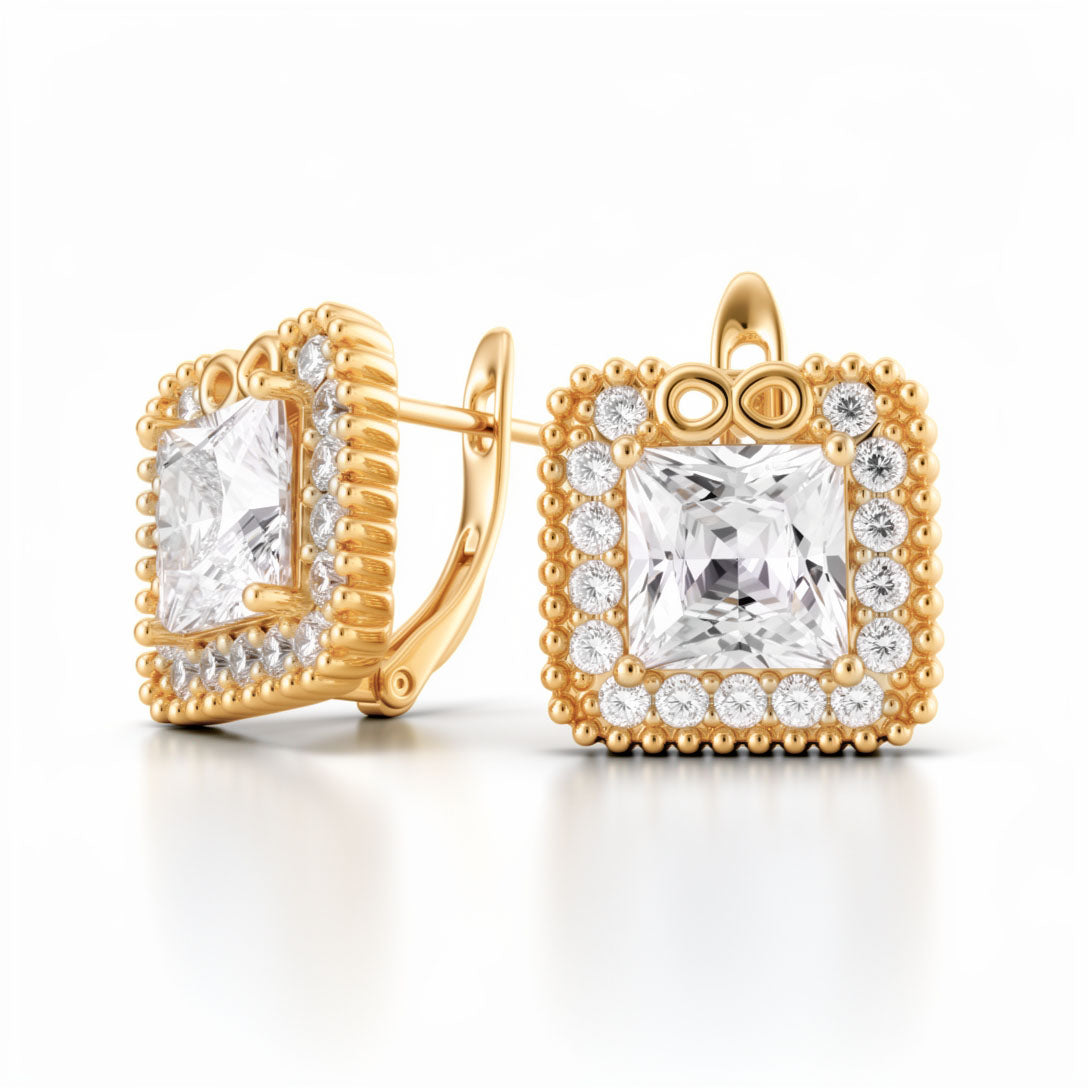 Square earrings with a clear central cubic zirconia and stone border, 18K gold plating
