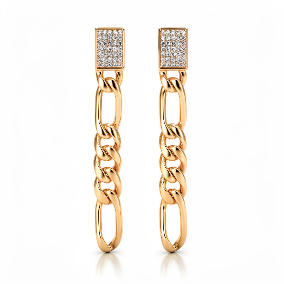 Figaro chain earrings with a cubic zirconia rectangle top in gold tone