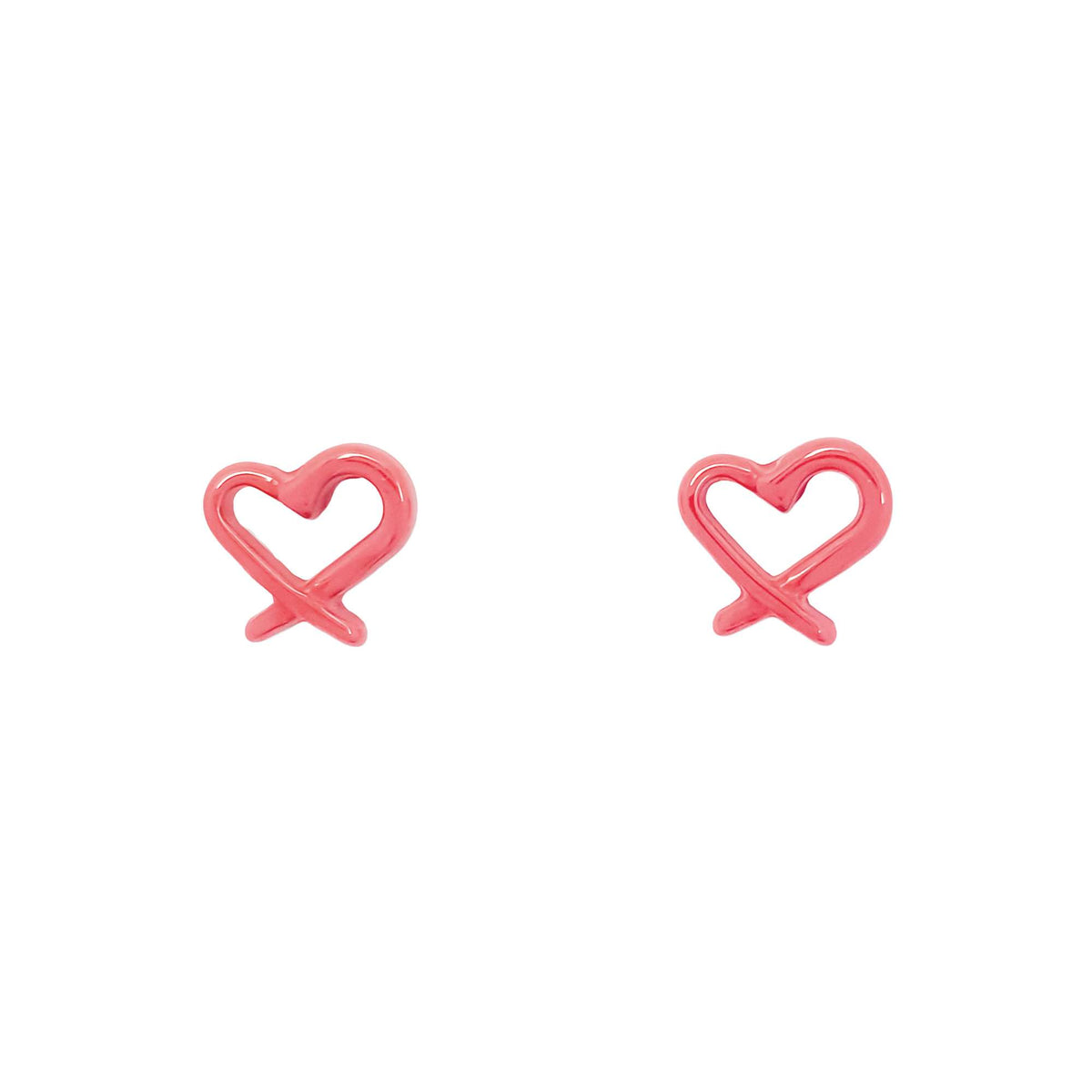 Coral-red enamel heart outline studs with crossed ends on a white background