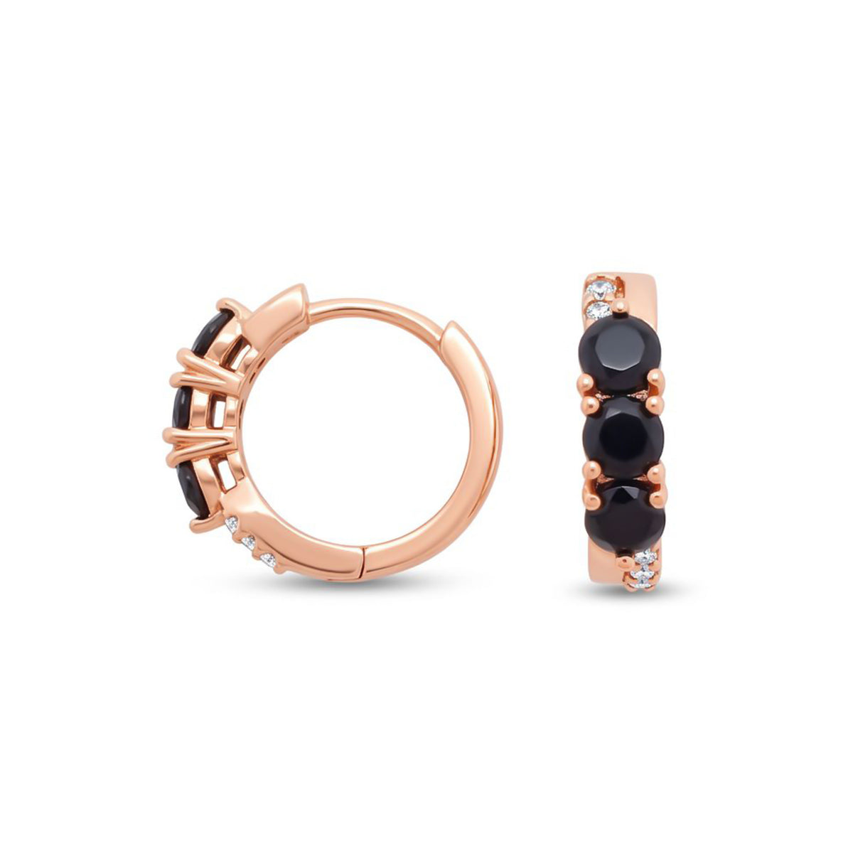 Small hinged hoop earrings with three black cubic zirconia and tiny white stones
