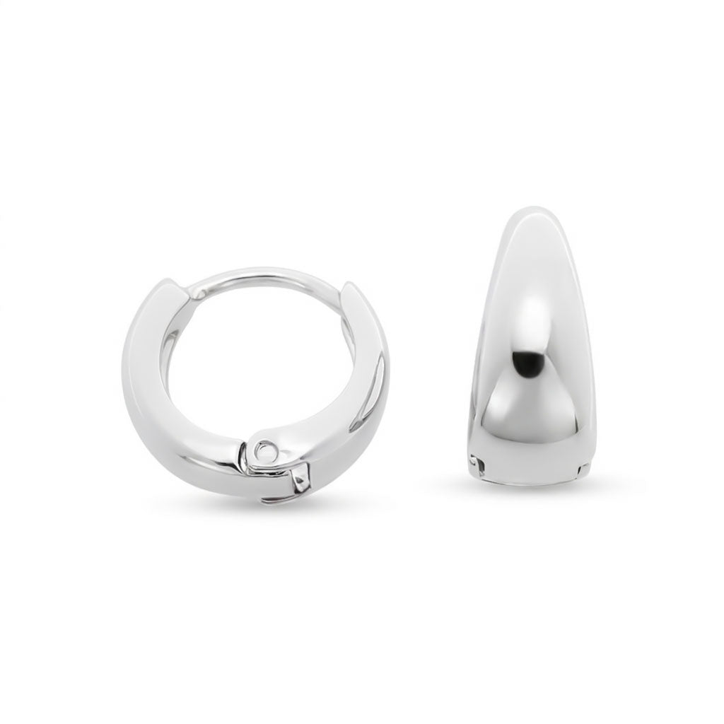 Smooth silver-tone hoop earrings with no stones and a secure hinged closure