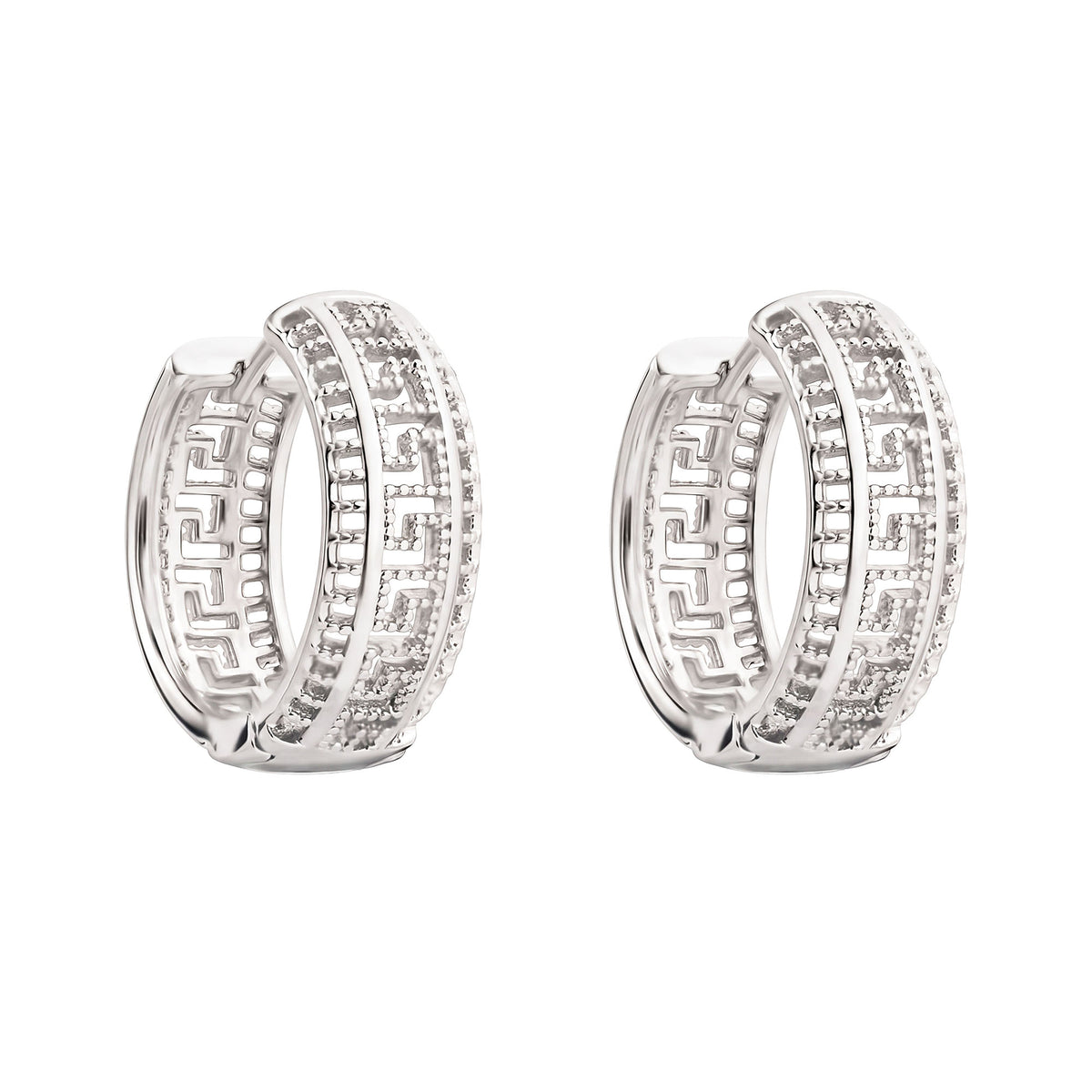 Silver | Silver-tone 18 mm hoop earrings with a Greek key pattern