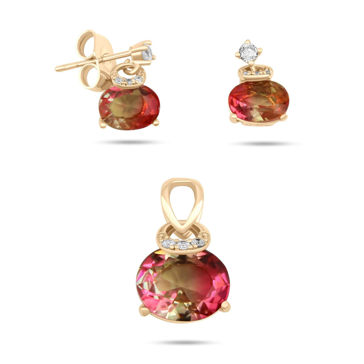 Gold-plated stud earrings and pendant with two-tone pink and green oval stones