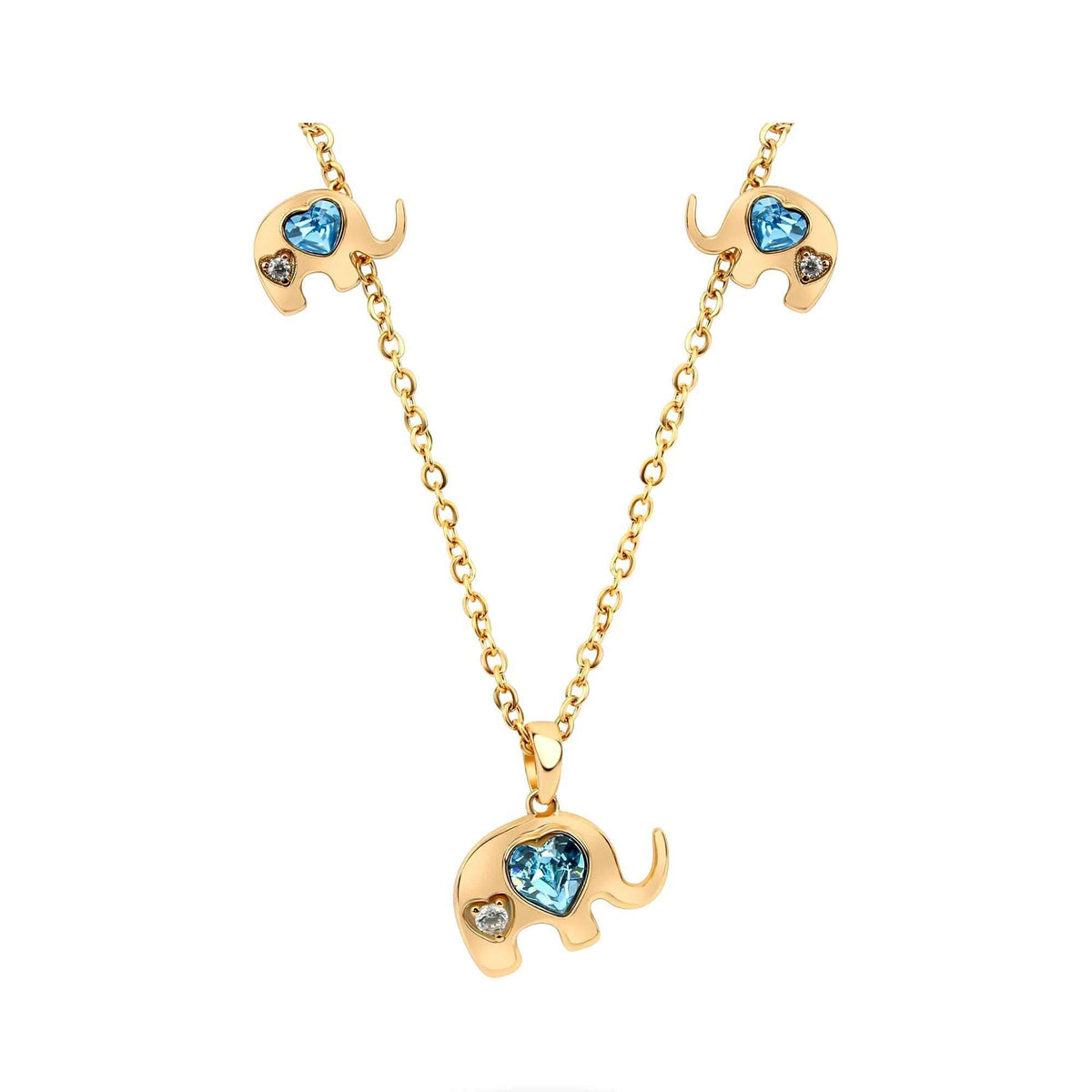 Gold-plated elephant necklace and earrings with blue heart crystal and white cubic zirconia