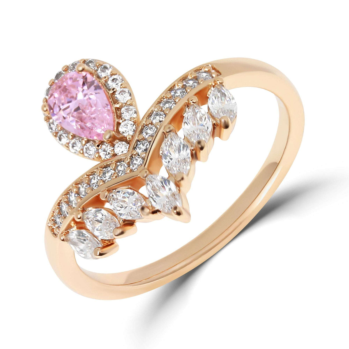 Gold-plated ring with a pink teardrop stone and white marquise fan