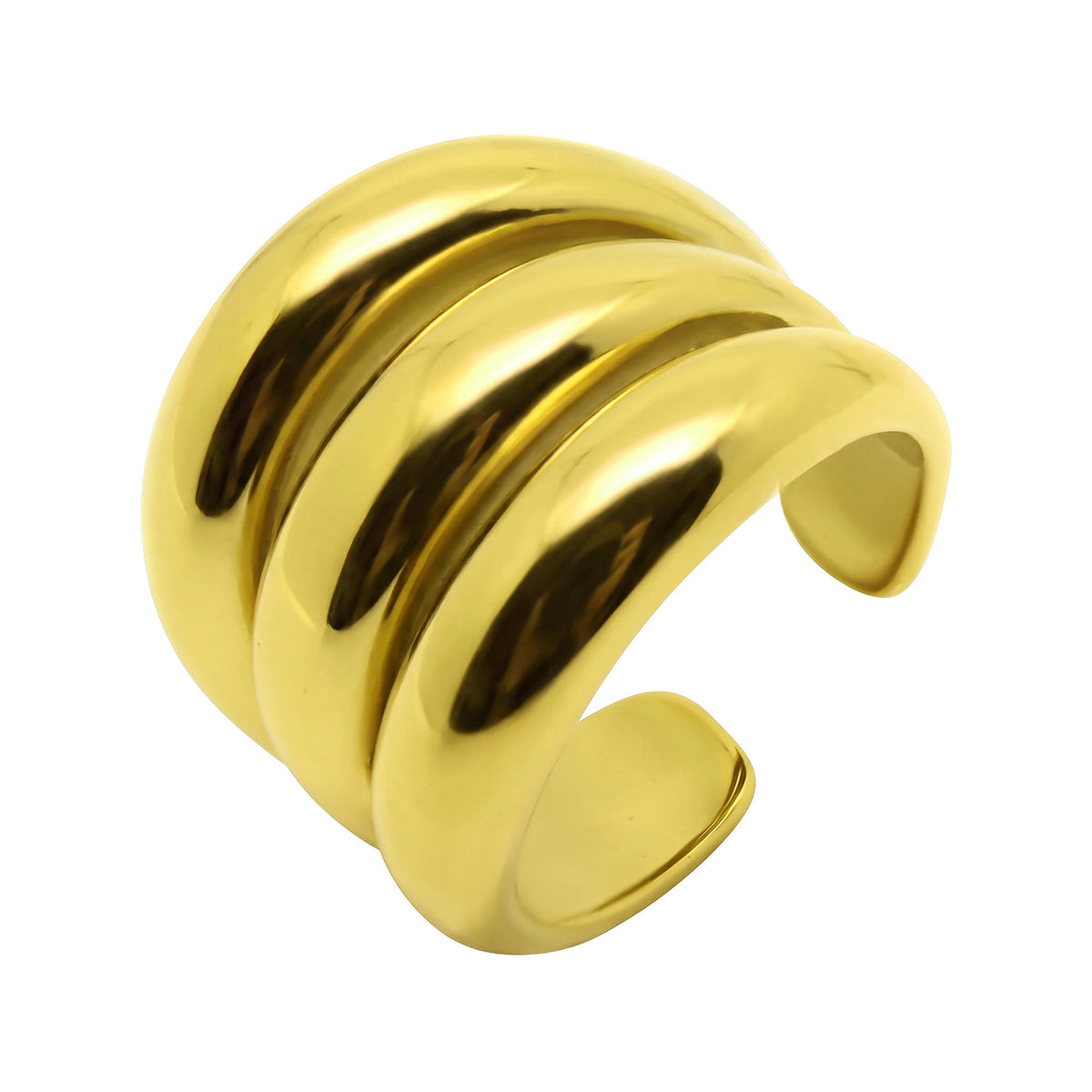Wide gold-plated open ring with three glossy rounded bands