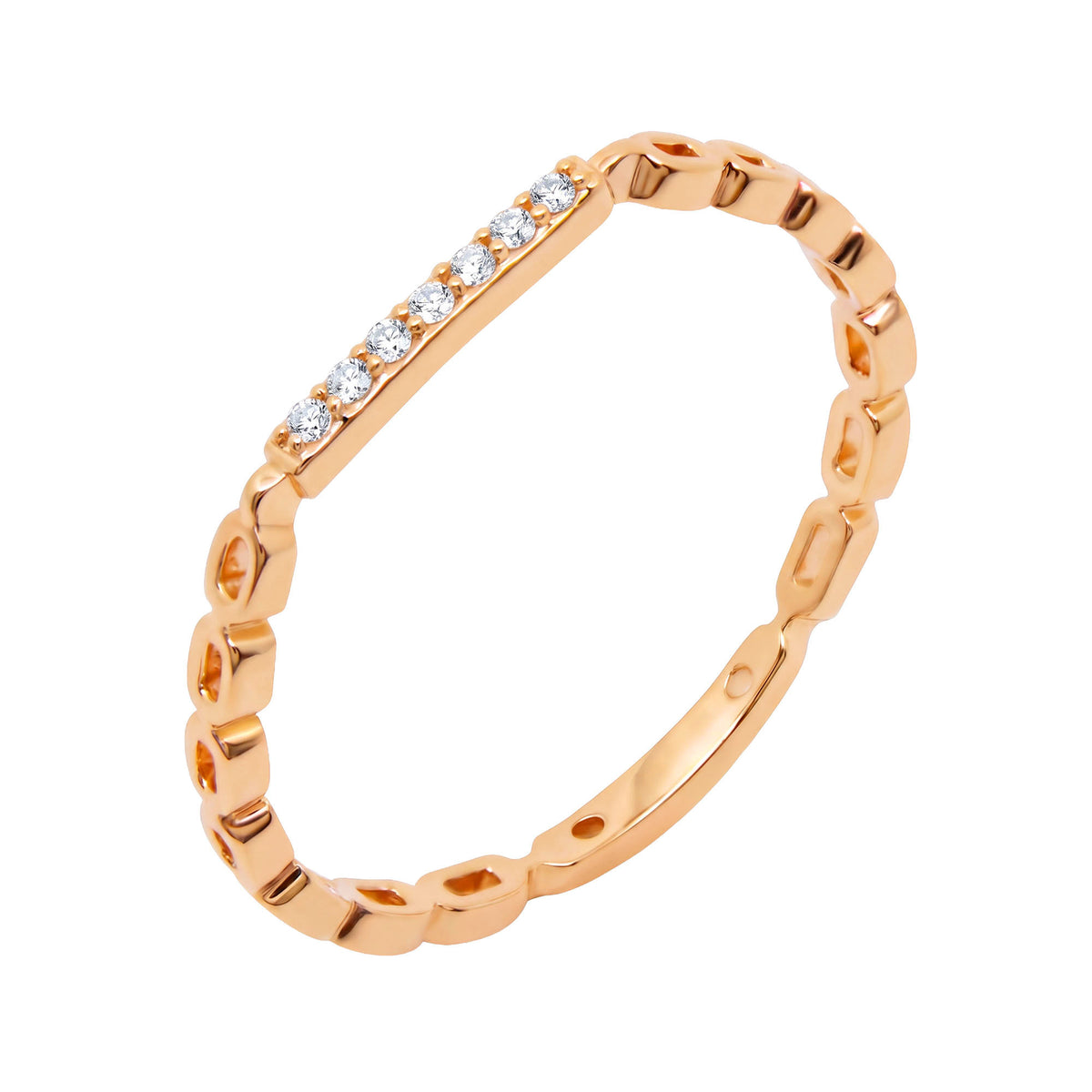 Narrow gold-plated ring with a patterned band and a row of white stones