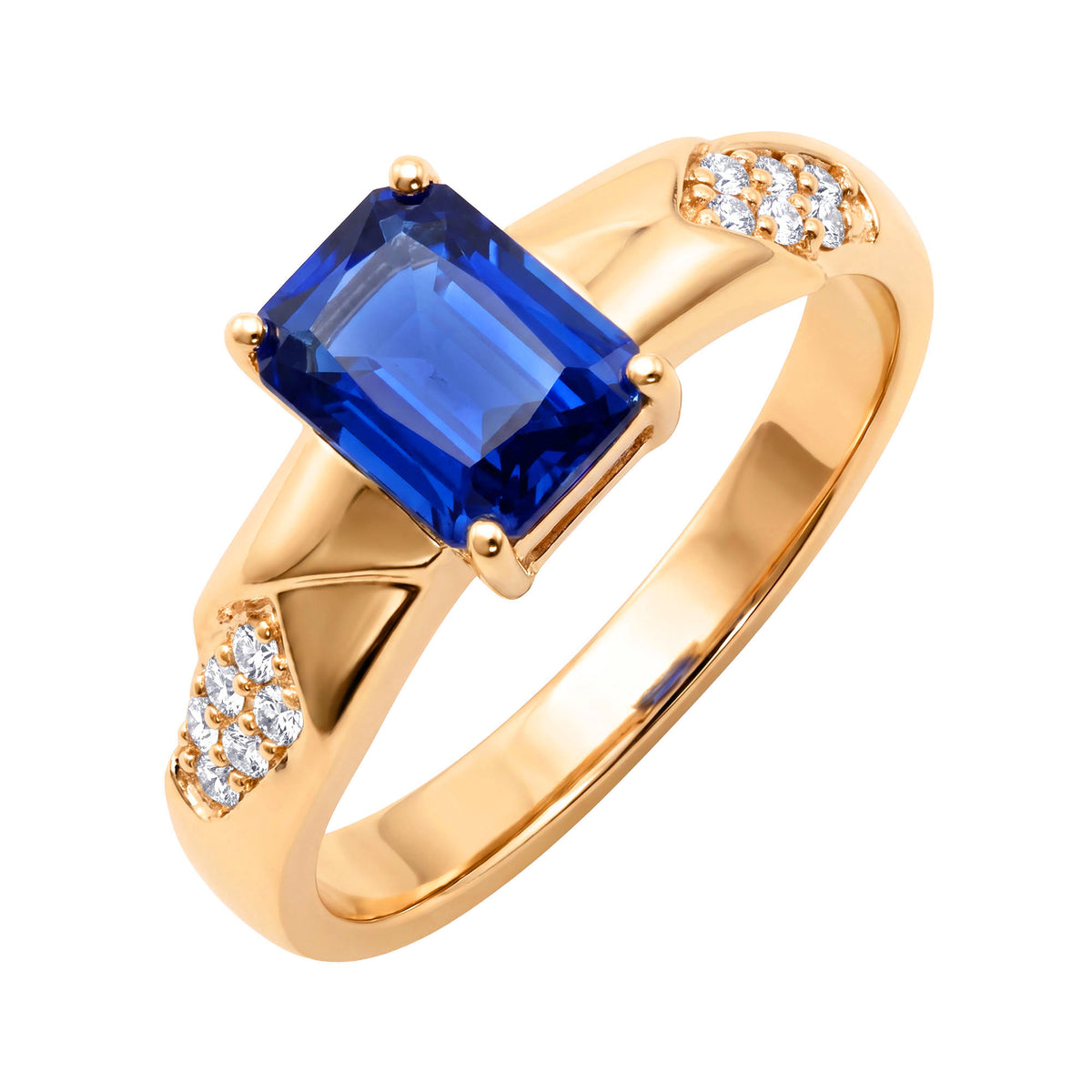 Gold-plated ring with a rectangular blue stone and white cubic zirconia on the shoulders
