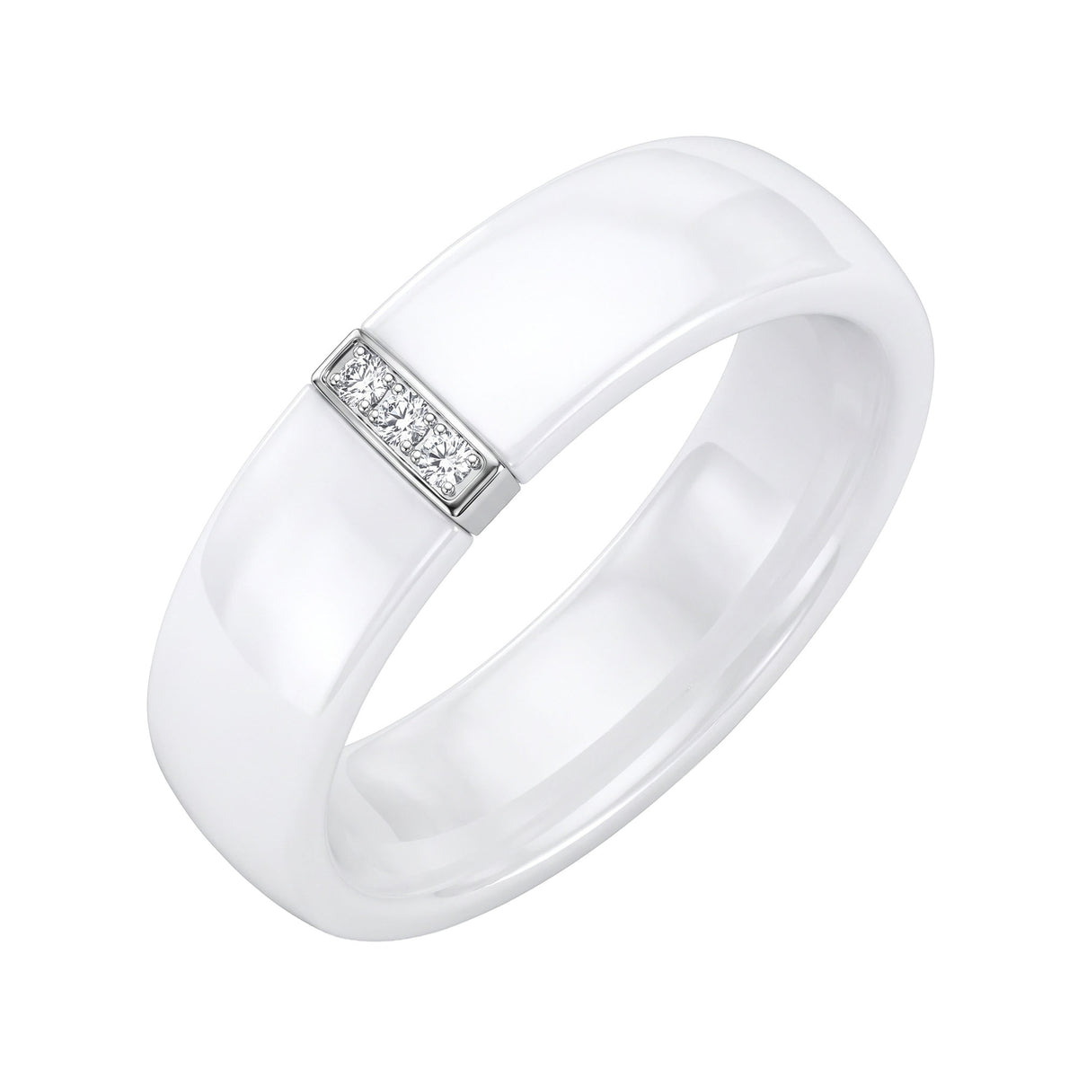 White ceramic ring with a silver-tone strip and three sparkling cubic zirconia