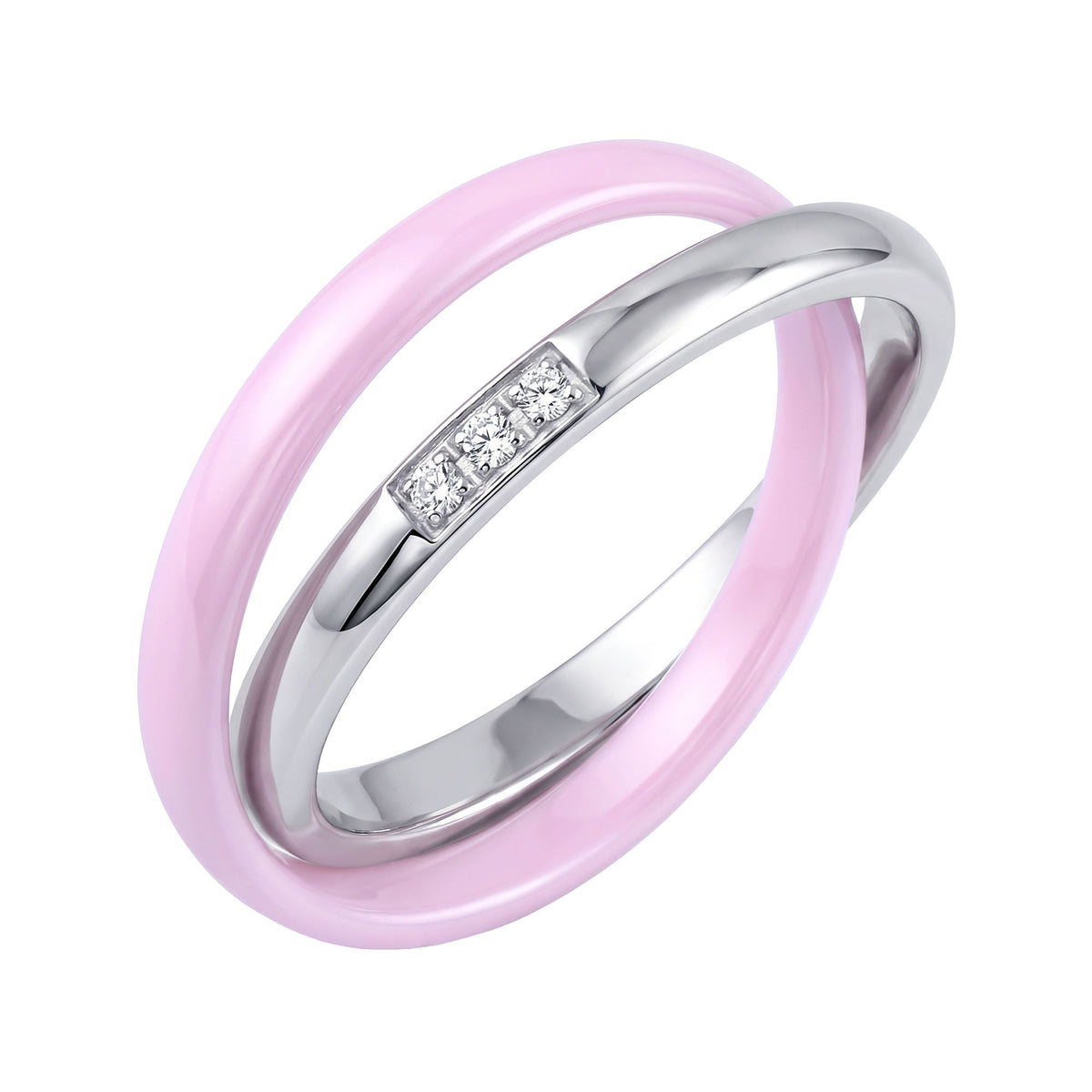 Platinum-plated double ring with a pink ceramic band and three cubic zirconia