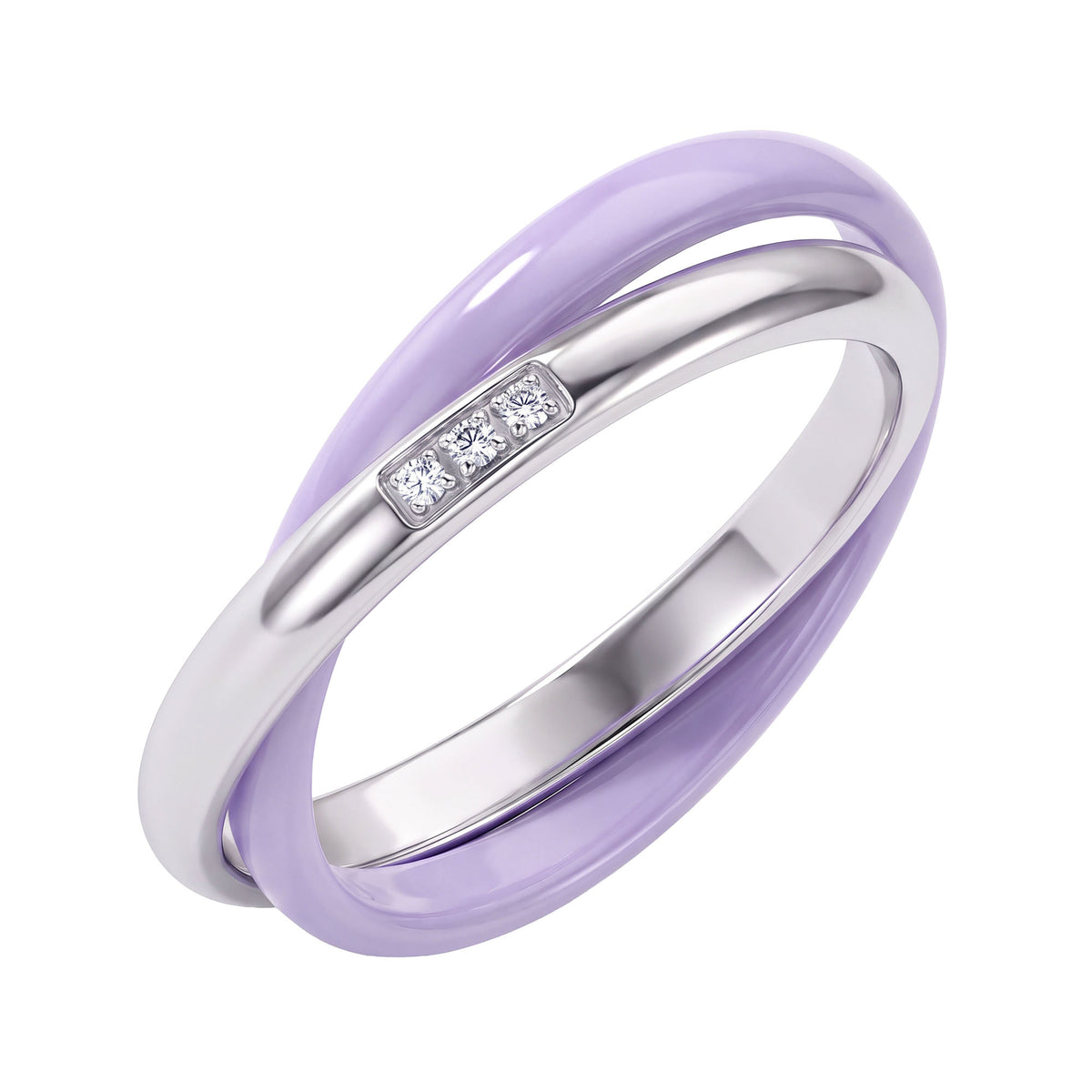 Double ring of purple ceramic and a silver-tone band with three white cubic zirconia