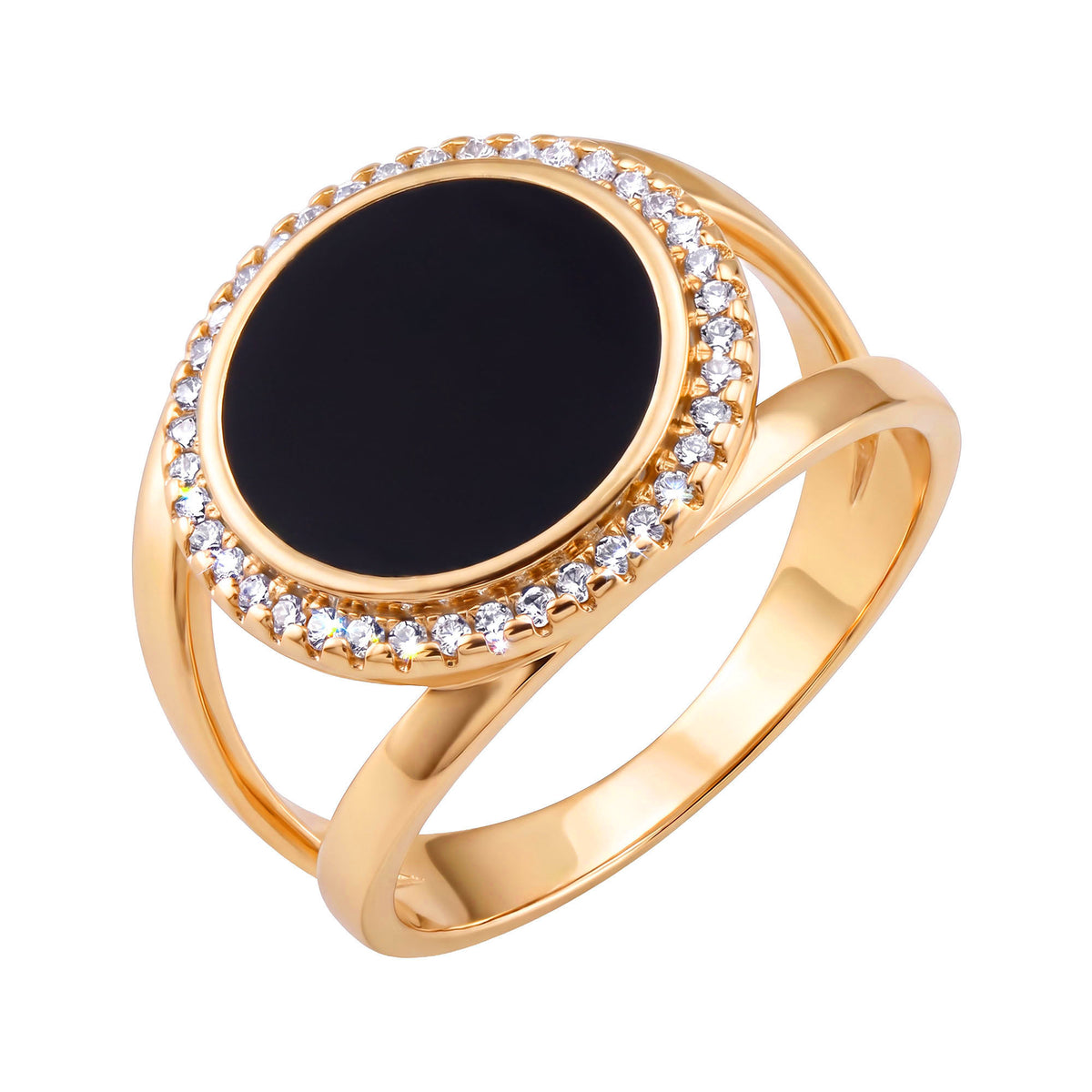 Gold-plated oval ring with black enamel and a sparkling cubic zirconia border