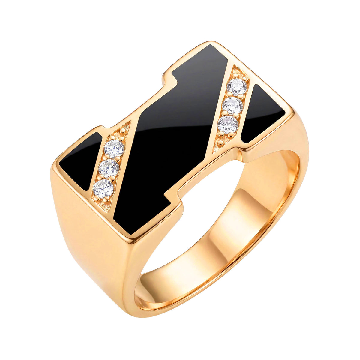 Gold-plated rectangular ring with black enamel and six cubic zirconia