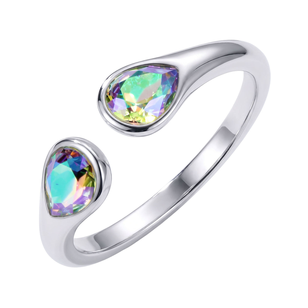 Open silver-tone ring with two multicoloured teardrop crystals on white