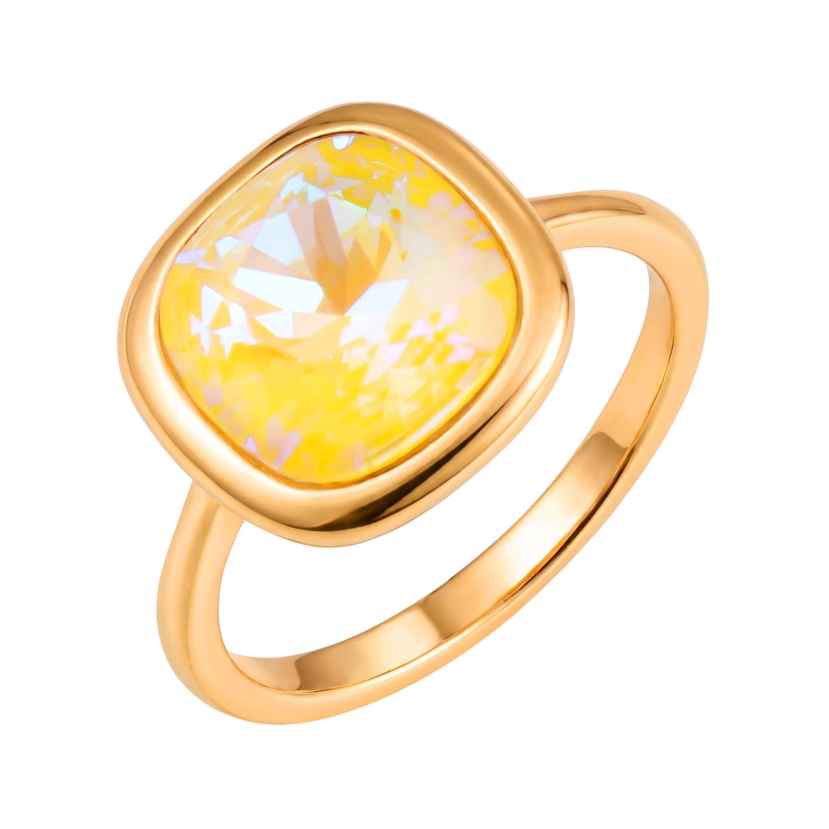Gold-plated ring with a large yellow cushion-cut Swarovski crystal, white background