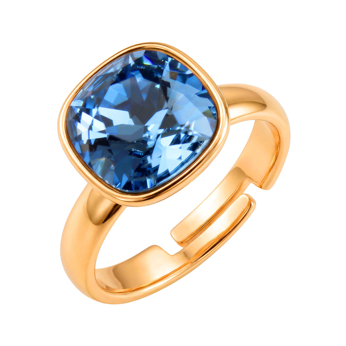 Adjustable gold-plated ring with a large cushion-shaped blue crystal on white