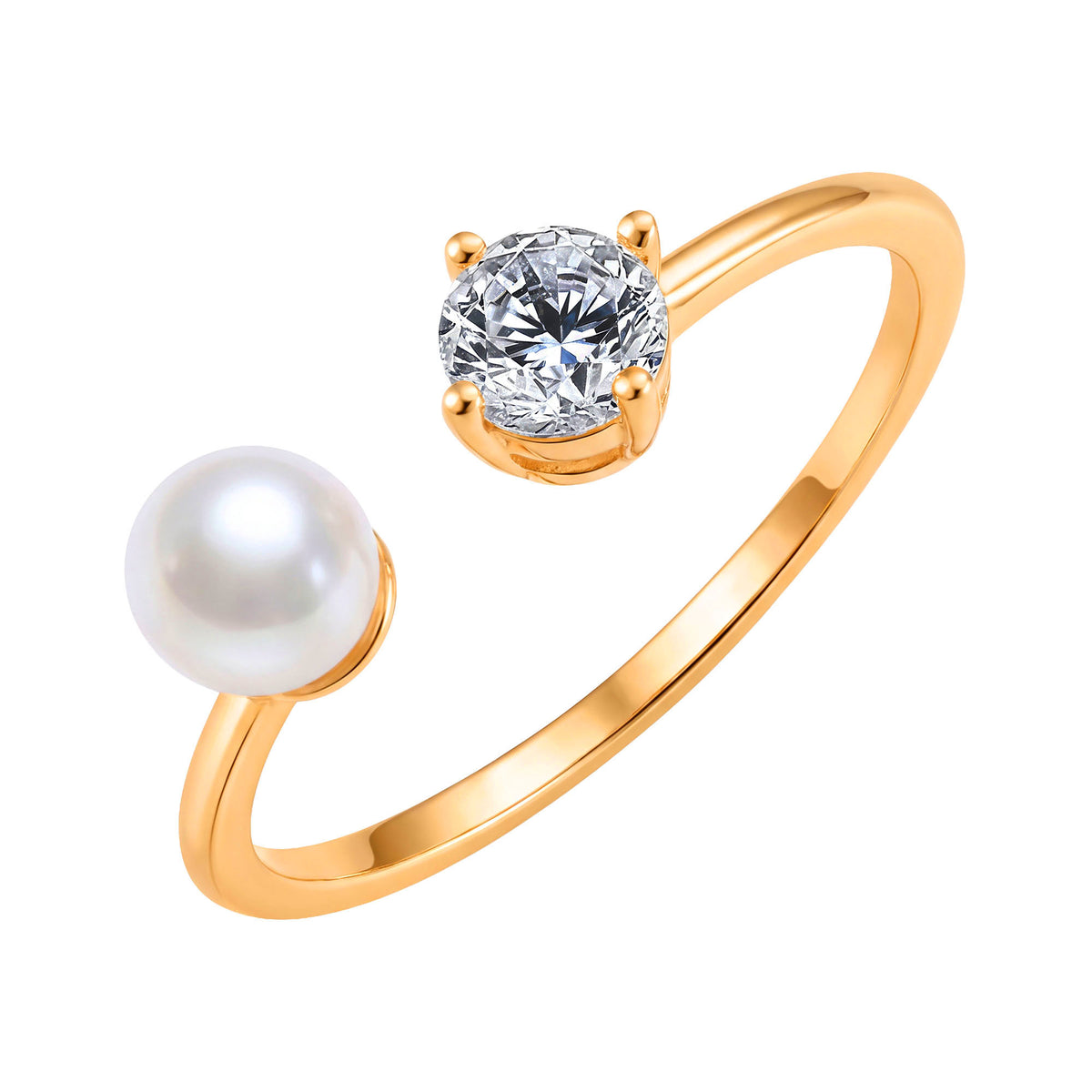 Gold-plated adjustable ring with a white pearl and round cubic zirconia at the ends