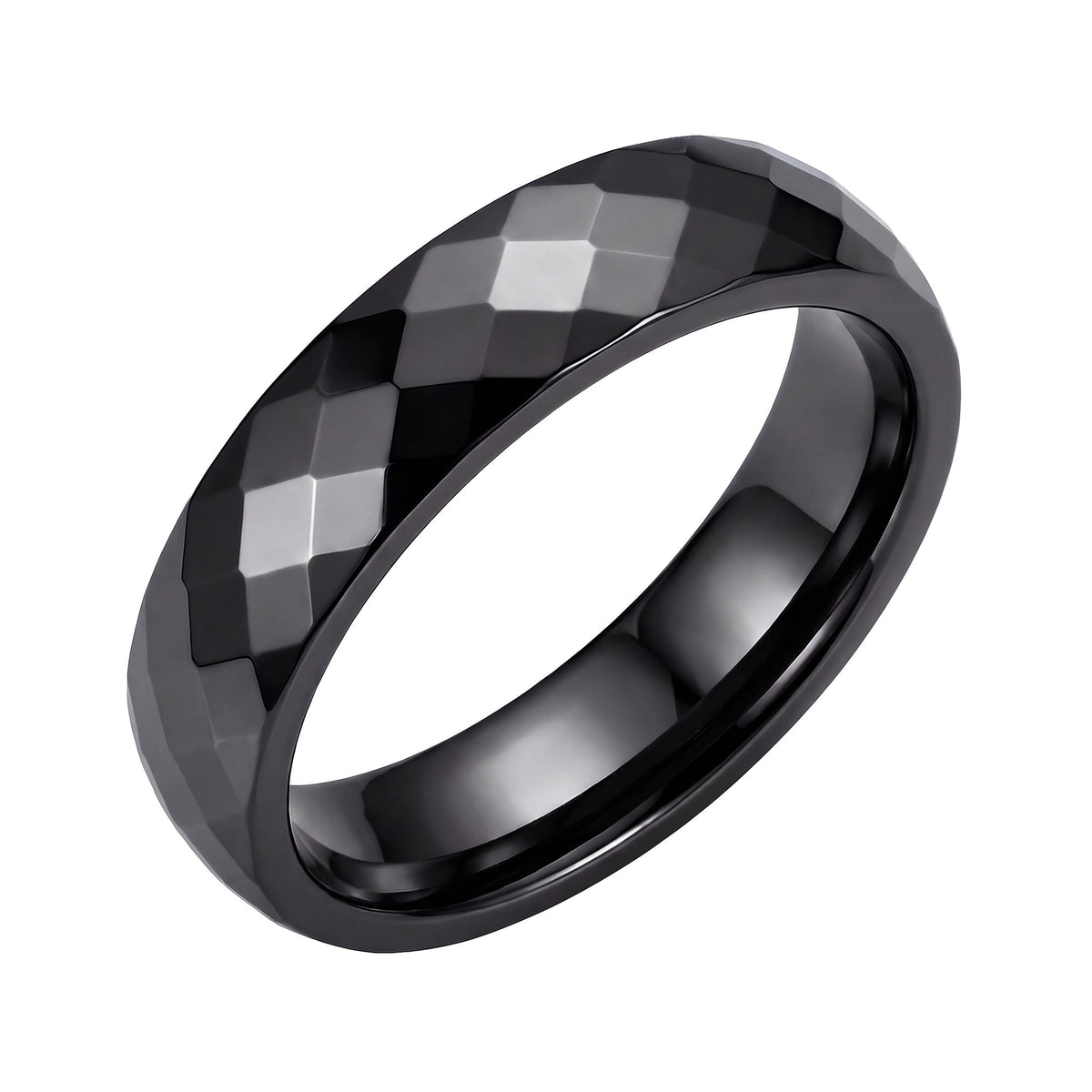 6 mm wide black ceramic ring with a faceted glossy surface