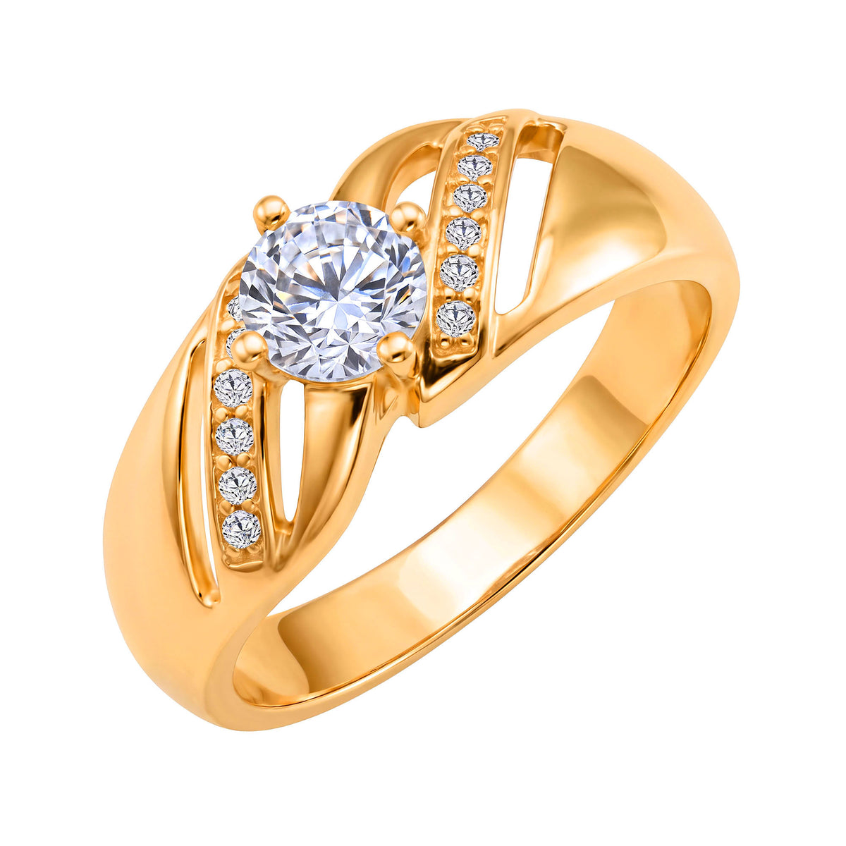 Gold-tone ring with a large round cubic zirconia and tiny side stones