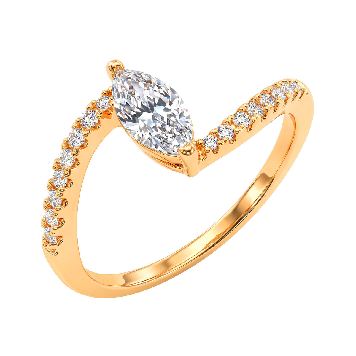 Gold-tone ring with an elongated crystal and cubic zirconia on a curved band