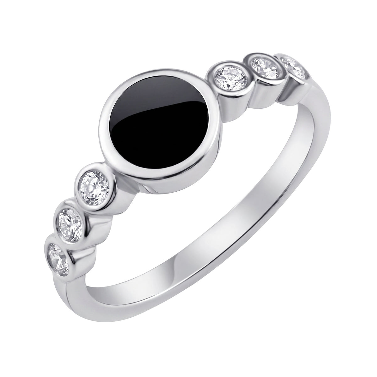 Silver-tone ring with a round black disc and six sparkling side stones