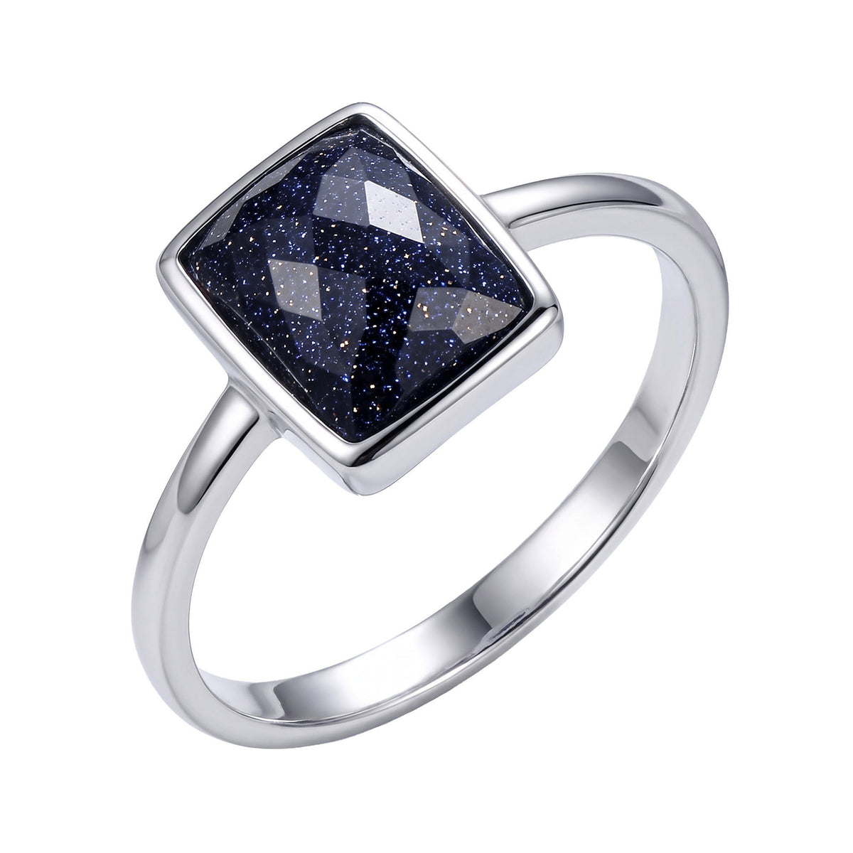 Slim silver-tone ring with a square dark blue sparkling stone