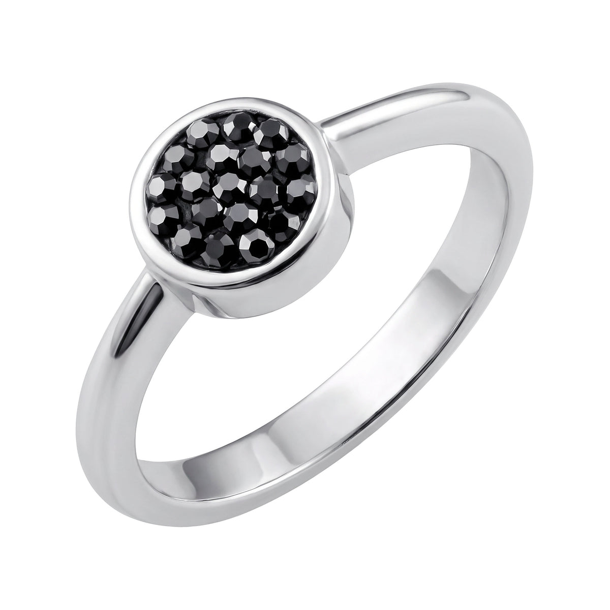 Silver-tone ring with a round inlay of black faceted crystals