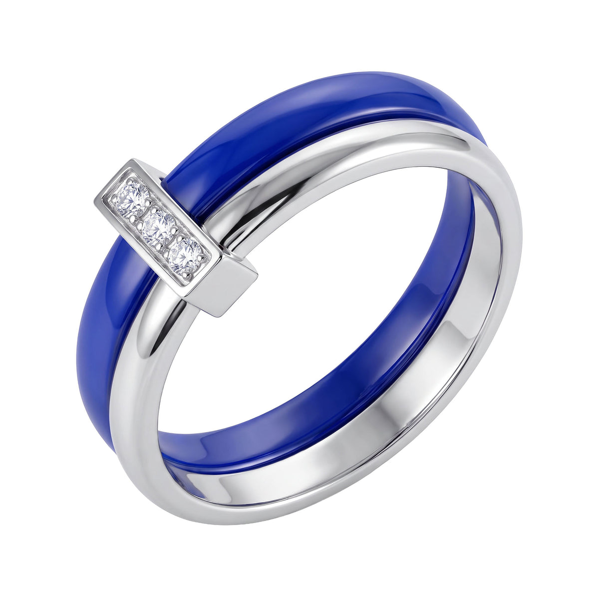 Blue ceramic ring with a rhodium-tone band and three cubic zirconia