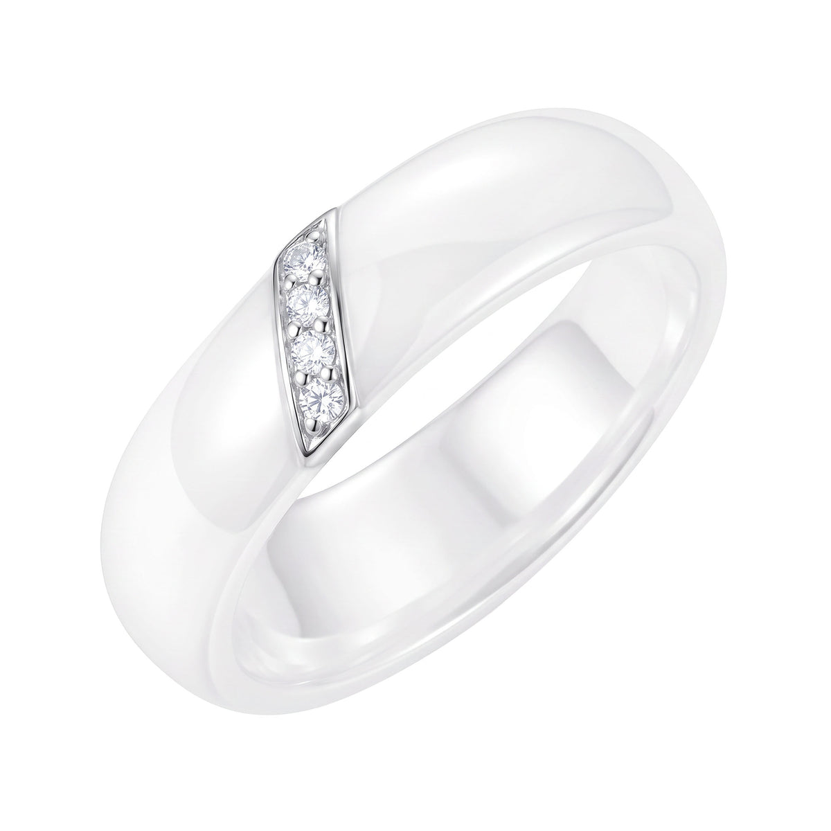 Wide white ceramic ring with a slanted row of four cubic zirconia